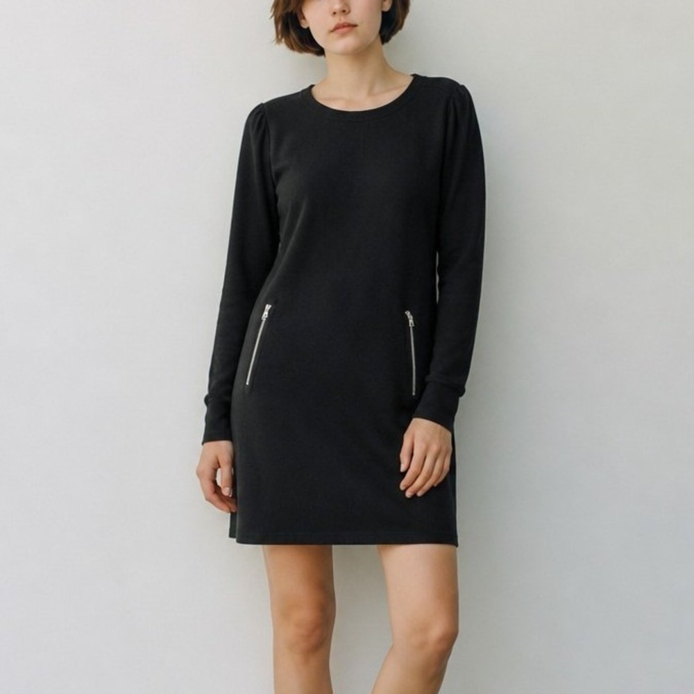 Gap Black Long Sleeve Knit Shift Dress Front Zipper Pockets Scoop Neck Sz L